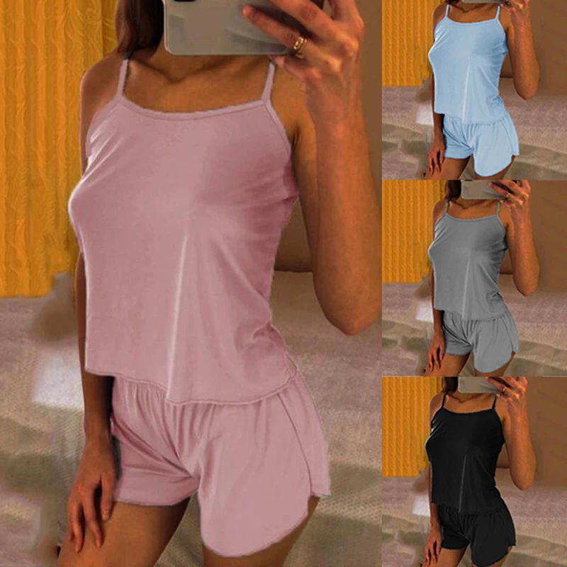 

Ice Silk Twinset Korean Solid Color Women Pajamas Camisole Pajama Set Woman Summer Vest Shorts Suit