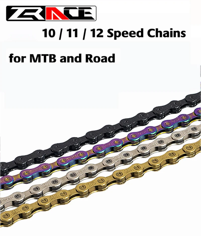 Купи Bike Chain ZRACE 10 11 12 Speed VTT MTB Mountain Road Neon-Like Gray Silver Black Gold Bicycle Spare Parts за 922 рублей в магазине AliExpress