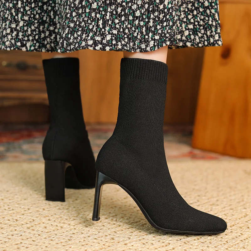 

Зимние ботинки-носки, ботинки на тонком каблуке с квадратным носком, женские модные эластичные ботинки на высоком каблуке, Осень-зима 2021