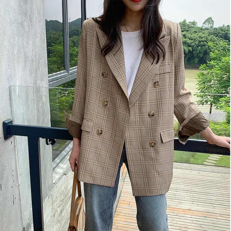 LANMREM хаки клетчатый двубортный женский офисный блейзер с длинным рукавом Женская