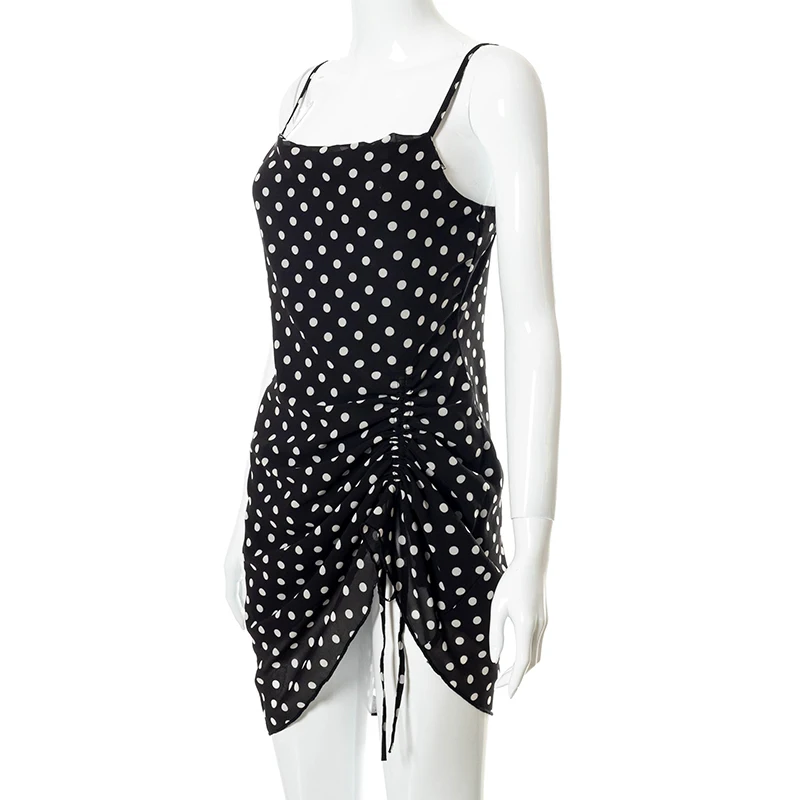 

KAISENDZ 2021 Summer Women's Dot Printing Bohemian Style Chiffon Dresses Sleeveless Pleated Slim Spaghetti Strap Dress Y2K