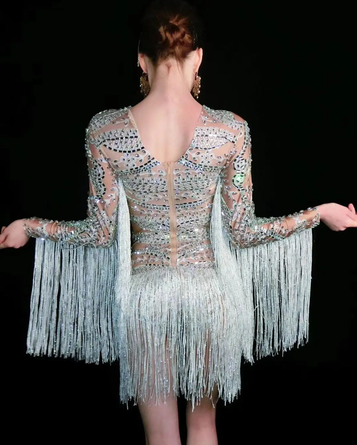 Vintage Print Rhinestones Tassel Bodysuit Women Jazz Modern Dance Costume Nightclub Bar DJ Singer Dancer Performance Bodysuit