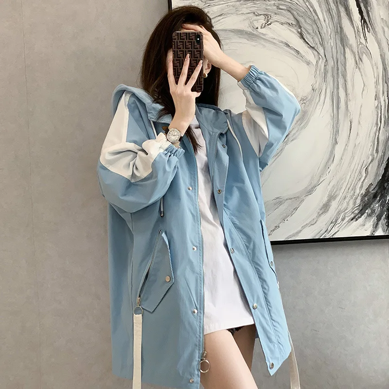 

2022 New Fashion Windbreaker Women Clothing Spring Autumn Students Loose Casual Tooling Long Trench Coats Hooded Outerwear D1069