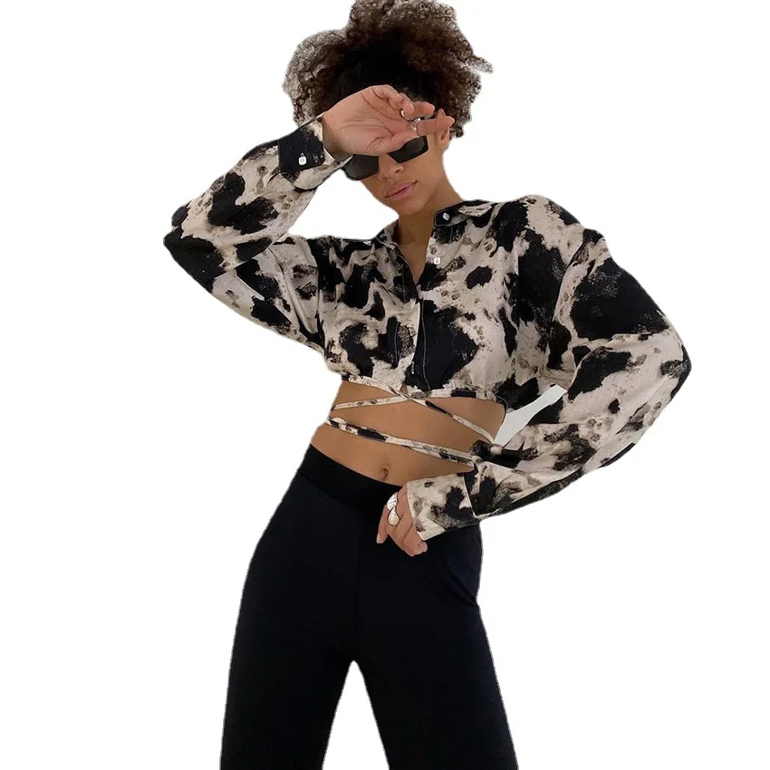 

2021 Autumn Women Short Backless Lace Up Shirt