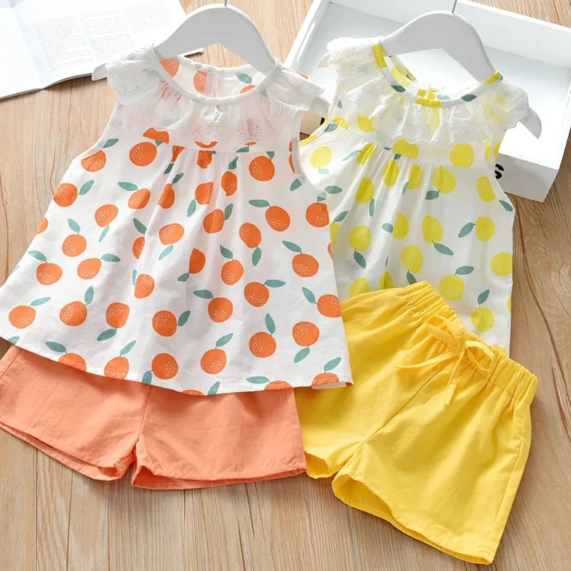 

VIDMID Girls' summer leisure clothing sets new children's foreign style versatile tops clothes Pure Cotton Shorts sets P6073