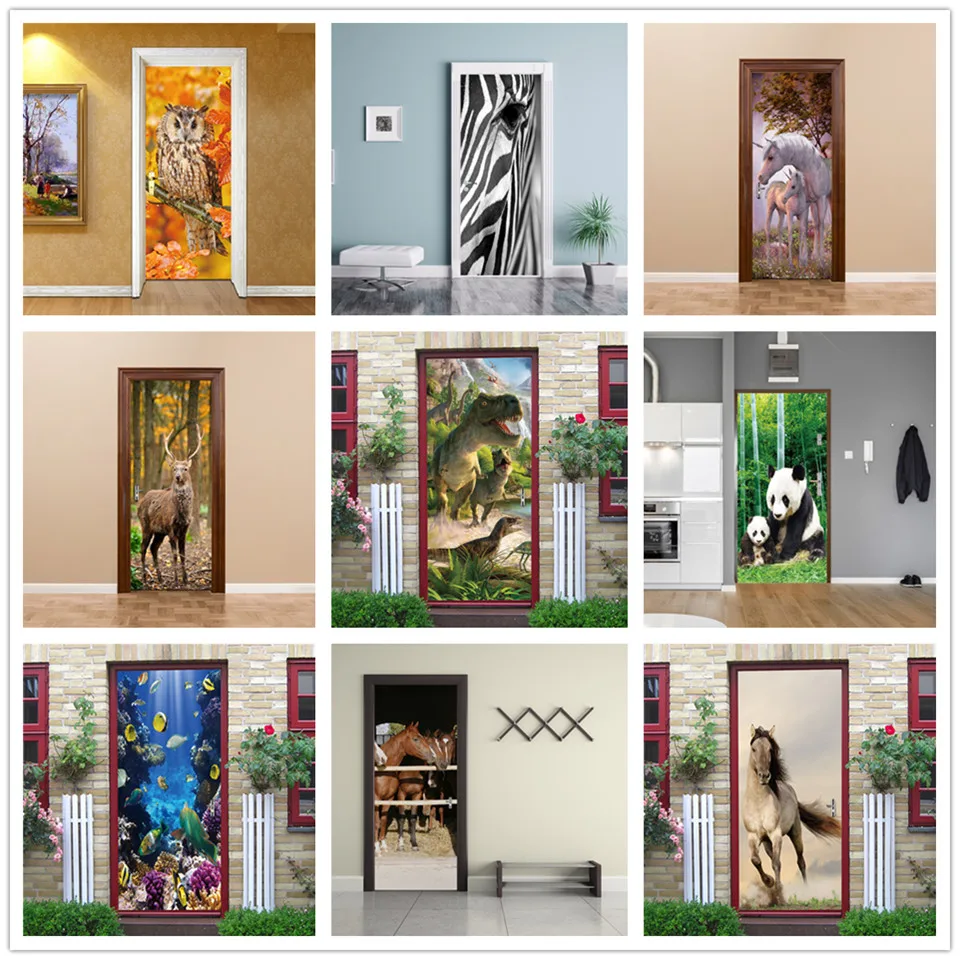 Самоклеящаяся виниловая наклейка на дверь с 3d изображением животных