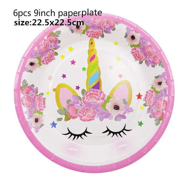 9inch plate Вечерние одноразовые украшения в виде единорога, набор столовых приборов, ободок для волос в виде русалки, обертка для торта, для детского дня рождения, свадьбы - Цвет: 9inch plate