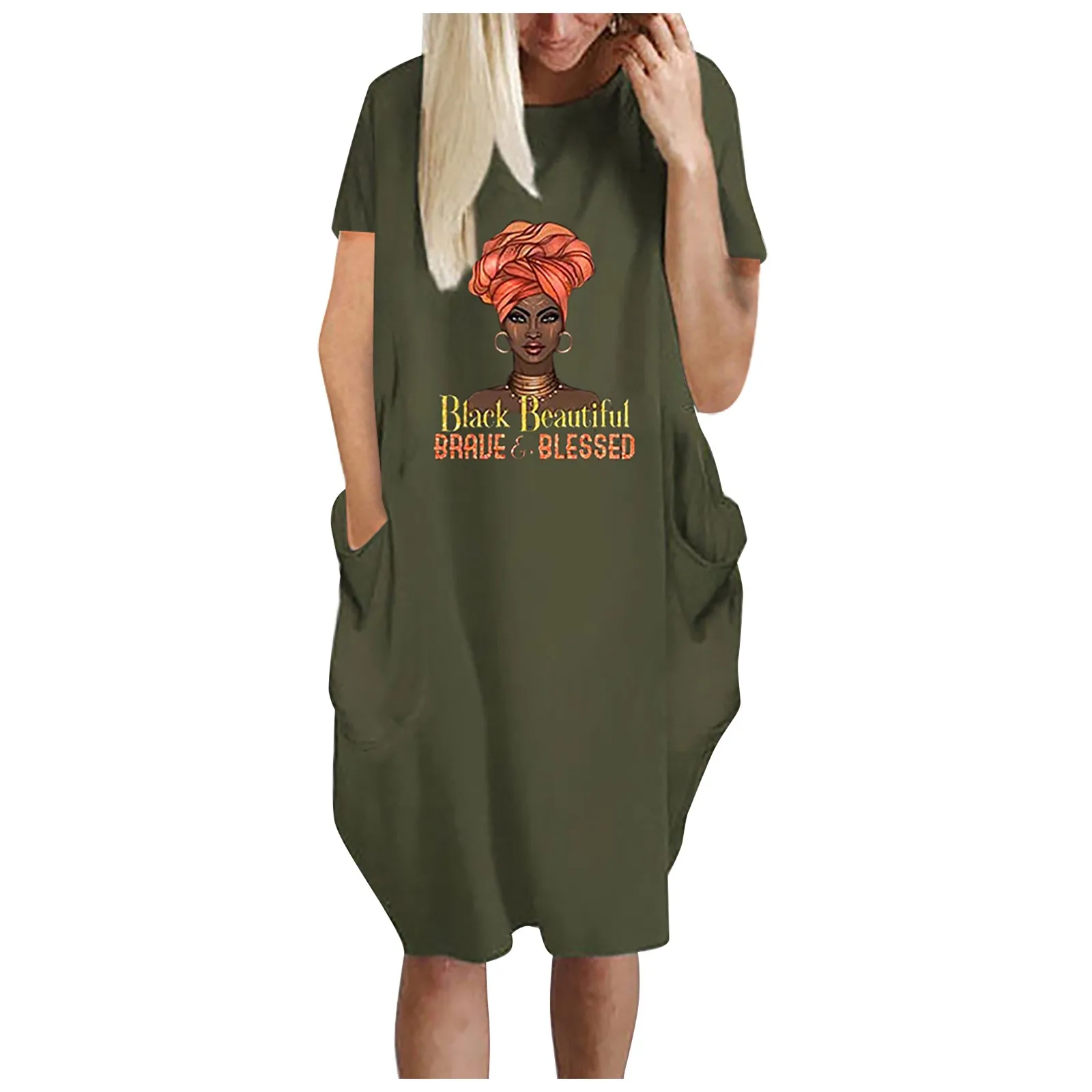 

Женское платье миди с короткими рукавами и принтом с О-образным вырезом и карманом размера плюс свободное платье на каждый день в винтажном ...