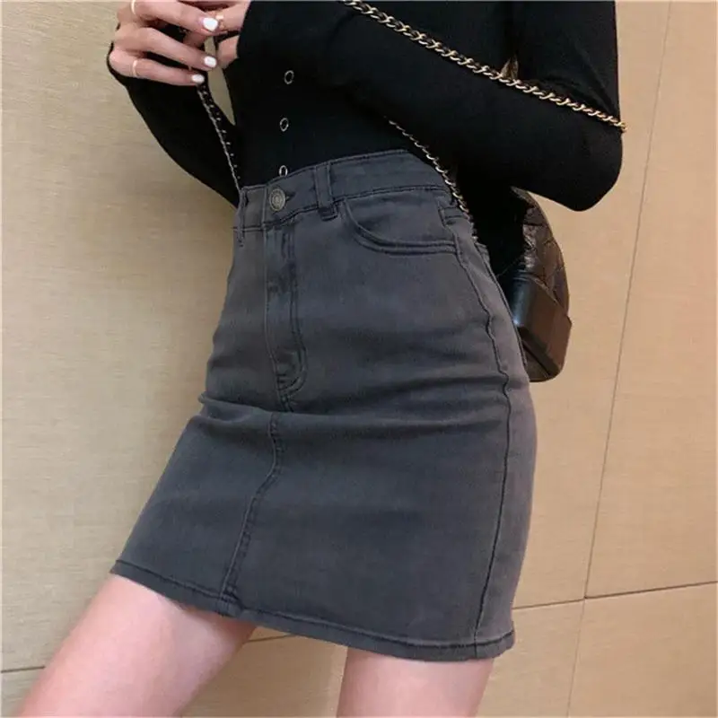 

Sexy Black Gray Mini Denim Skirt Women Korean High Waist Jeans Skirt Streetwear Pencil Skirts