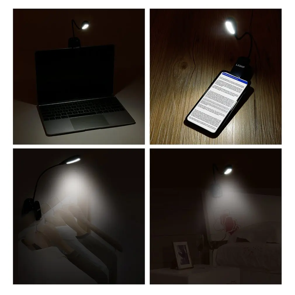 ICOCO LESHP перезаряжаемая 4LED книга/музыкальный светильник с гибким зажимом Настольная лампа регулируемой