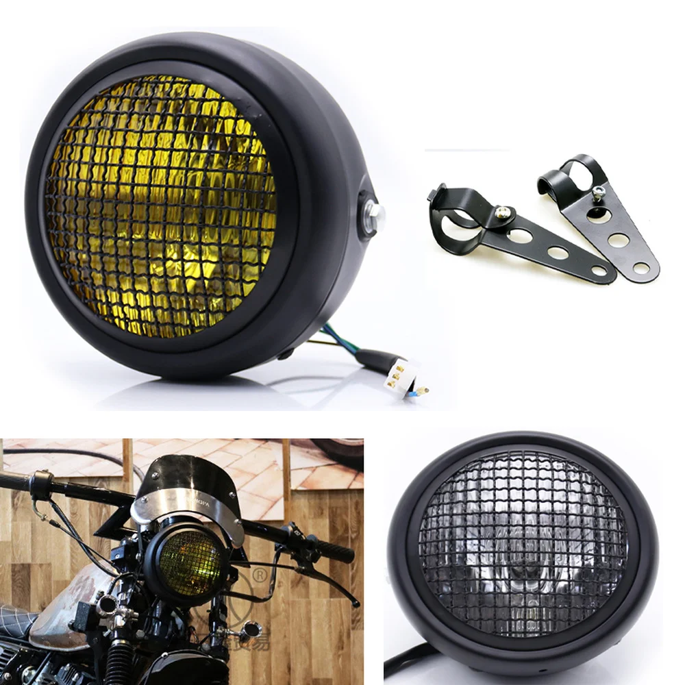 Rejilla de Metal Retro para motocicleta, kit de máscara de soporte de faro delantero halógeno de 35W para CG125 GN125 Harley Cafe Racer Honda