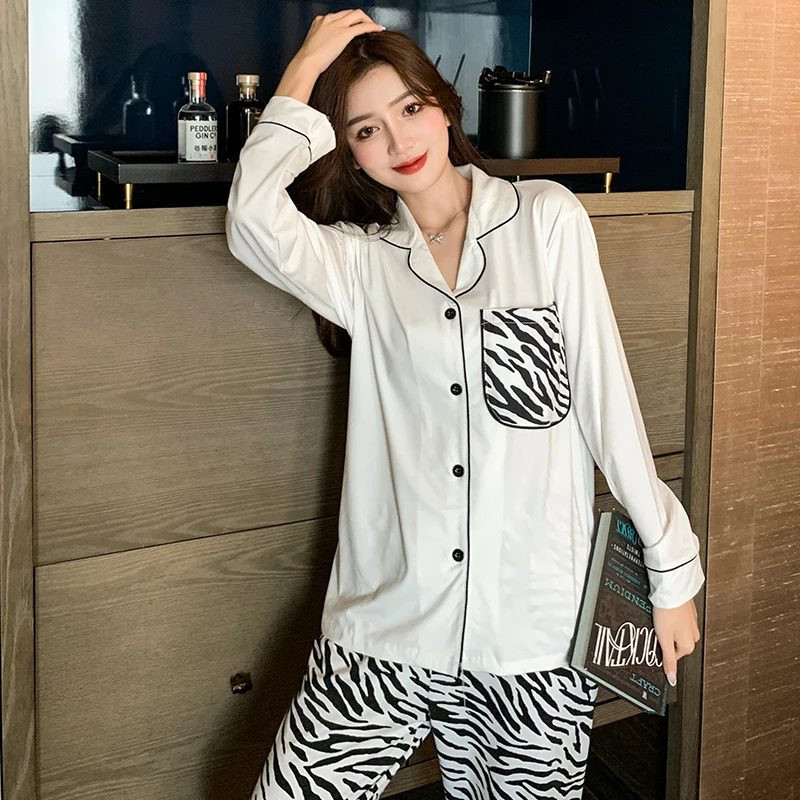 

2021 New Style Pajamas Female Zebra Pattern Print Sleepwear Turn-down Collar Pijama Suit Full Length Nightwear Female Homewear