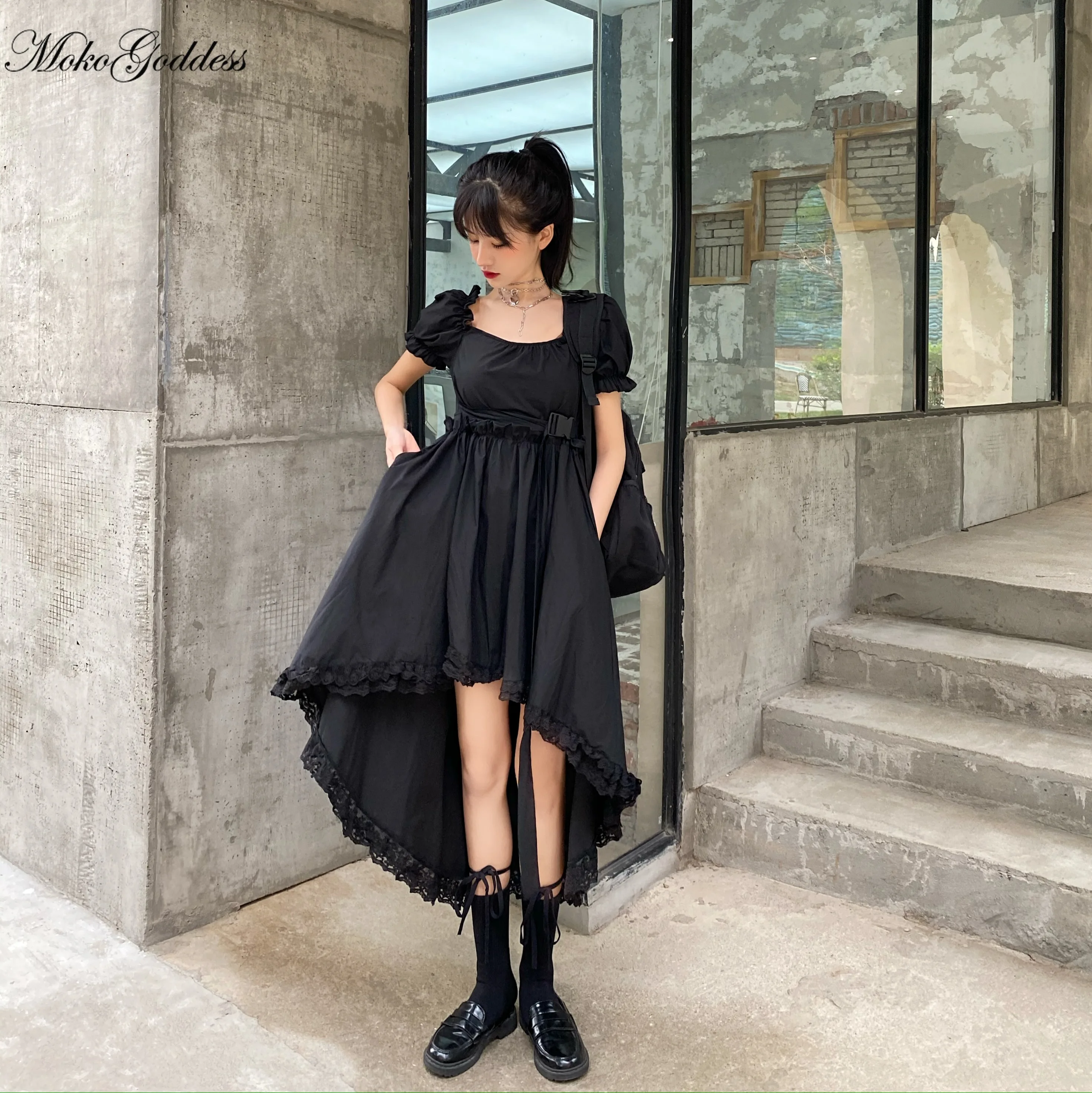 

Japanese sweet lace edge stitching square collar bubble sleeve high waist solid color irregular mid-length dress women summer