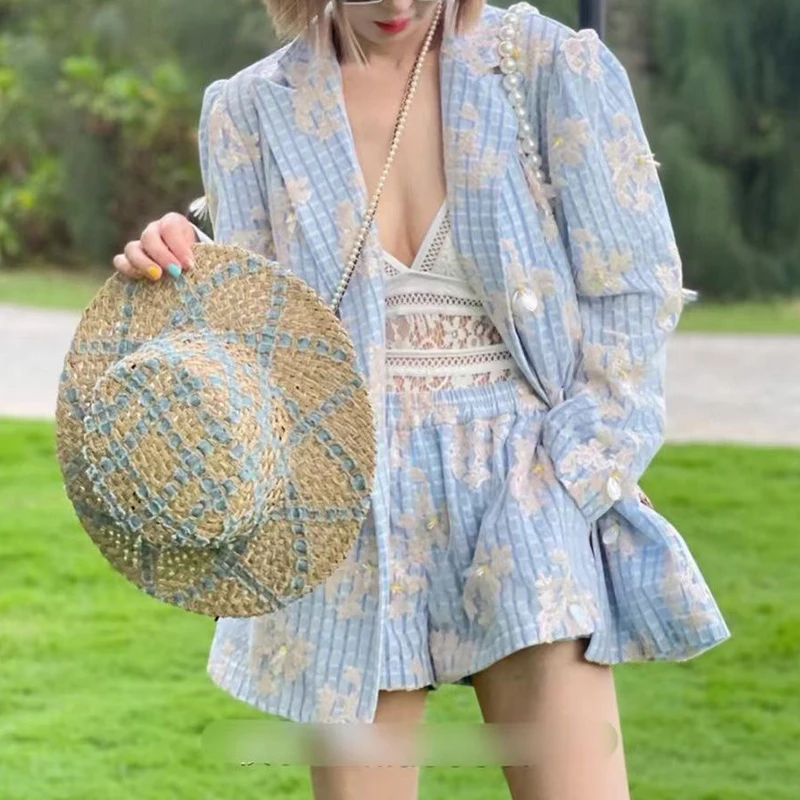 

TWOTWINSTYLE Print Two Piece Set For Women Notched Long Sleeve Loose Blazer Elastic High Waist Sequin Shorts Elegant Sets Female