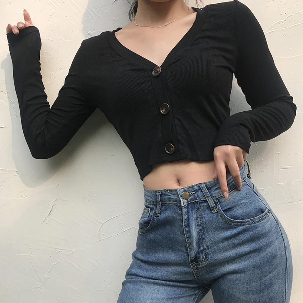 

Женская трикотажная футболка с длинным рукавом и V-образным вырезом