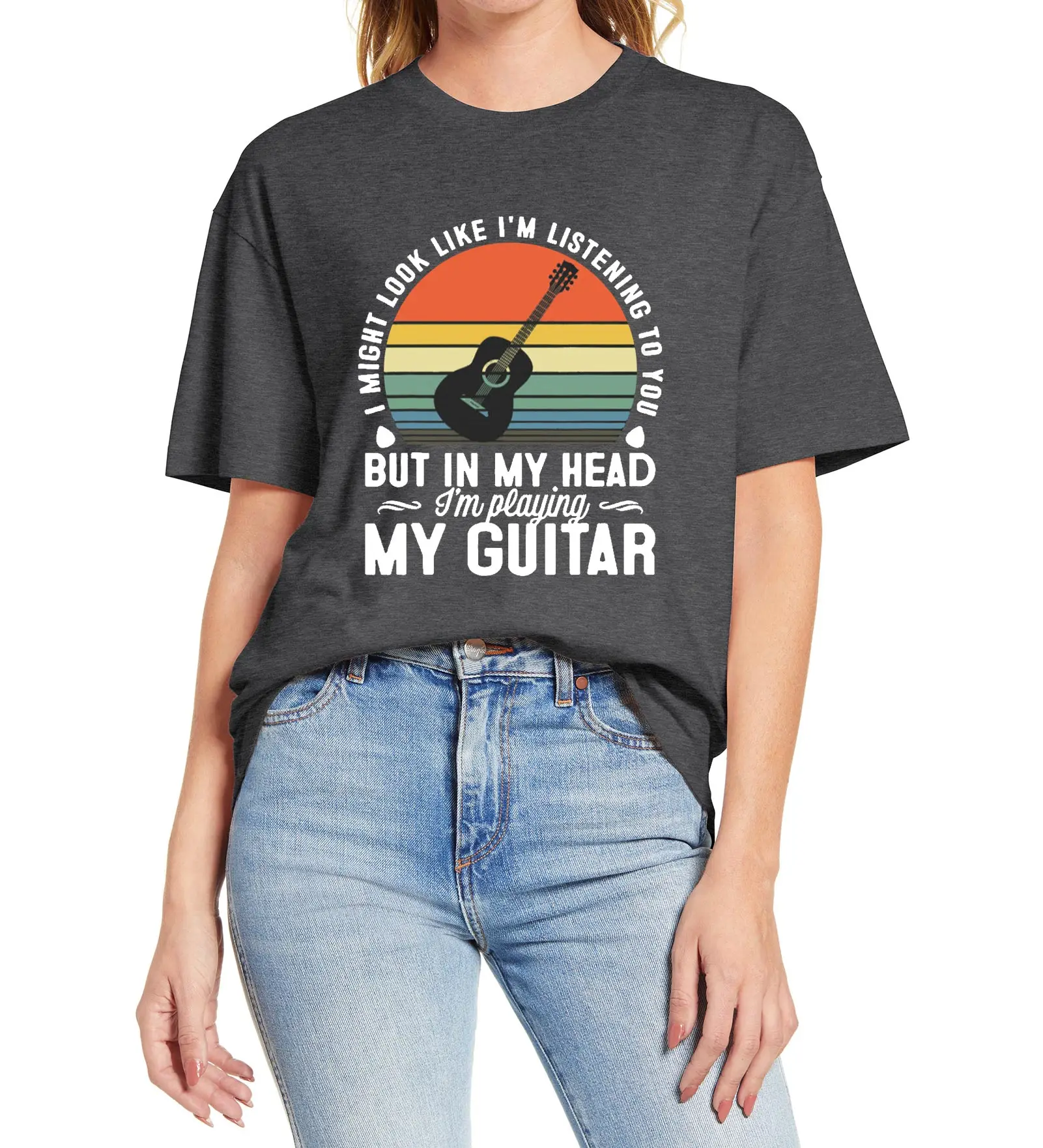 

Vintage guitar print lover unisex women's T-shirt Cartoon sweatshirt cotton Tee Oversize