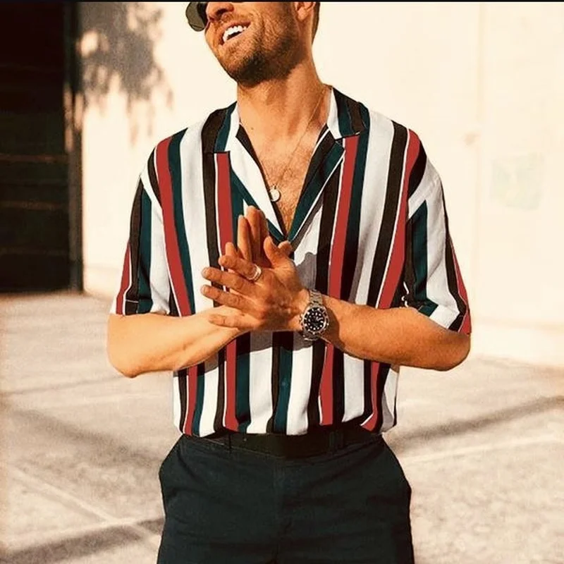 

Лидер продаж 2021 г. Европейский и американский новый стиль полосатая Мужская Повседневная рубашка с короткими рукавами и пуговицами мужская...