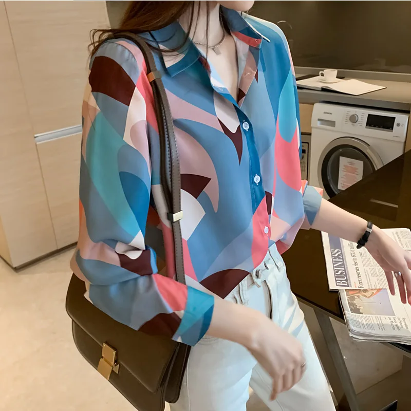 

Harajuku Style Women Springelegant Office Lady Chiffon Button Turn-down Collar Chiffon Blouse Casual Geometric Plus Size Blouse