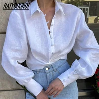 casual cotton linen women shirt puff sleeve white turn down collar autumn elegant blouse loose korean fashion tops lady new