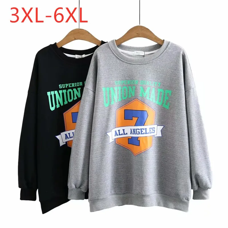 

New 2021 Ladies Autumn Winter Plus Size Pullover For Women Large Long Sleeve Loose Gray Print Sweatshirt Coat 3XL 4XL 5XL 6XL