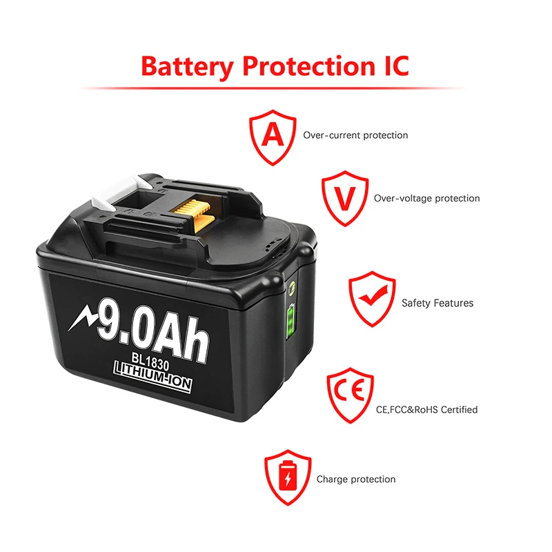 Аккумуляторная батарея 18V 9.0Ah Li Ion BL1830B с индикатором сменная для Makita BL1830 BL1840 BL1840B