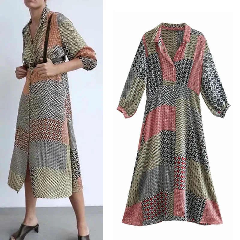 Женское платье рубашка в стиле ретро с принтом пэчворк повседневные платья