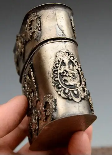 Изысканный китайский старый стиль тибетская серебряная статуя дракона и феникса