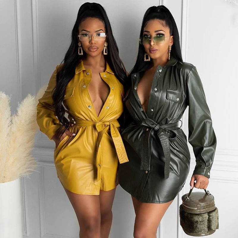 

Christmas Plus Size 4XL Sexy Party PU Leather Dresses For Women Clothes 2021 Spring Autumn Long Sleeve Dress+Belt Femme Vestidos