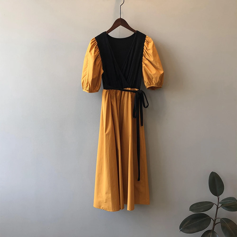 

Summer knit Long skirt women dress V-neck Short sleeve dress Fashion A-line skirt Puff sleeve Comfortable clothing 2021