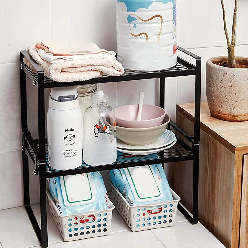 

2 Pcs Kitchen Cabinet Shelf Counter Organizer Rack Pantry Storage Space Saving Steel Frame Stackable Rust Resistant