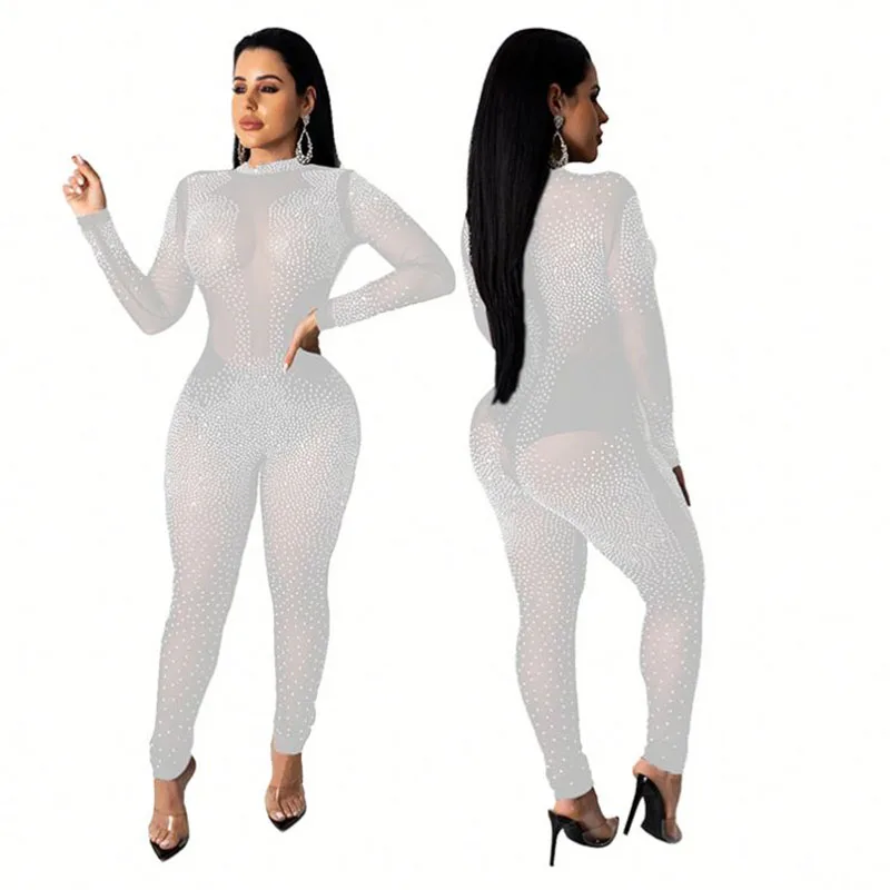 2020 популярный сетчатый Прозрачный женский комбинезон со стразами Модный цельный