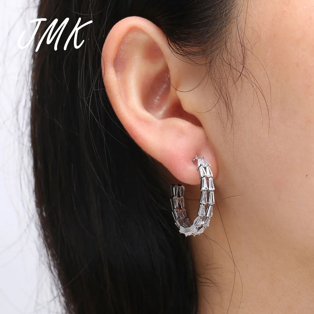 

JMK Luxury Double Layer Zircon Earrings Trendy Simple Geometric Hoop Crystal Silver Jewelry For Women Daily Party Birthday Gift