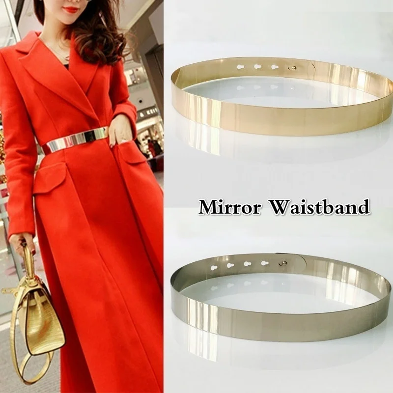 

Fashion Women Mirror Waistband Adjustable Metal Waist Belt Gold Silver Color Vintage Lady Simple Belts