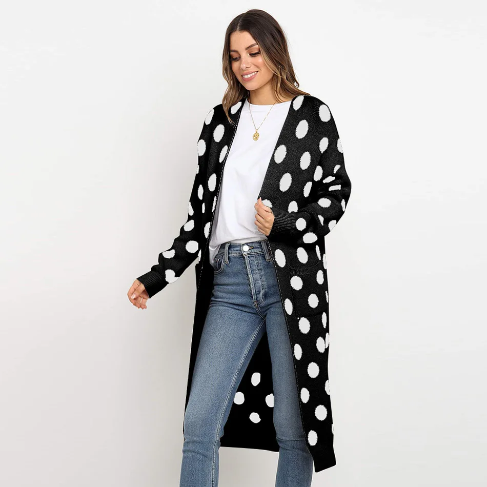 Fashion Knitted Dot Long Cardigan Women Pocket Plus Size Mujer Overcoat Streetwear Autumn Blusas De Inverno Feminina |