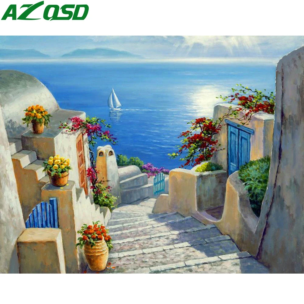 

5d алмазная живопись AZQSD, приморский город, украшение для дома, алмазная вышивка, пейзаж, наборы для вышивки крестиком, квадратная картина, по...