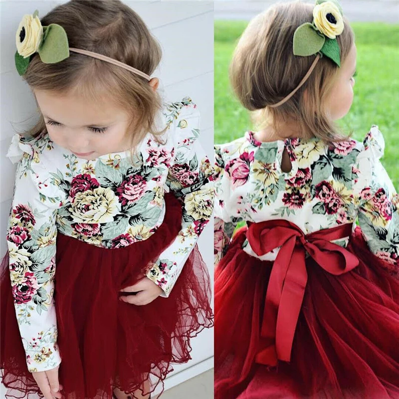 Sweet Toddler Kid Baby Girl princess Dress Newborn Autumn Floral Ruffle Long Sleeve Tulle Tutu Red Patchwork 1-4T | Детская одежда и