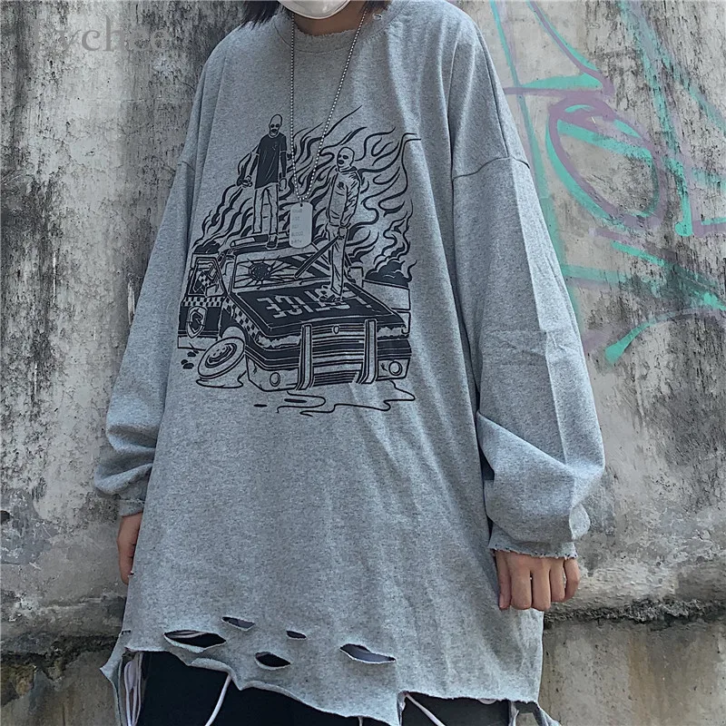 Lychee Harajuku Свободные повседневные женские толстовки с круглым вырезом топ с принтом пламени отверстие Женская Толстовка Топы весна осень женские пуловеры