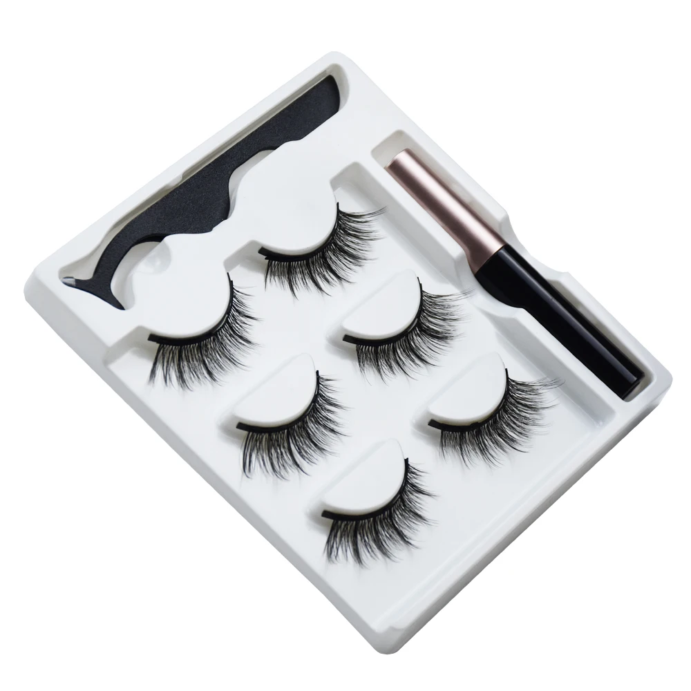 

3 Pairs Magnetic Eyelashes Natural Wispy Fluffy 3D Mink False Lashes Liquid Eyeliner & Tweezer Set & Waterproof Eyeliner Makeup