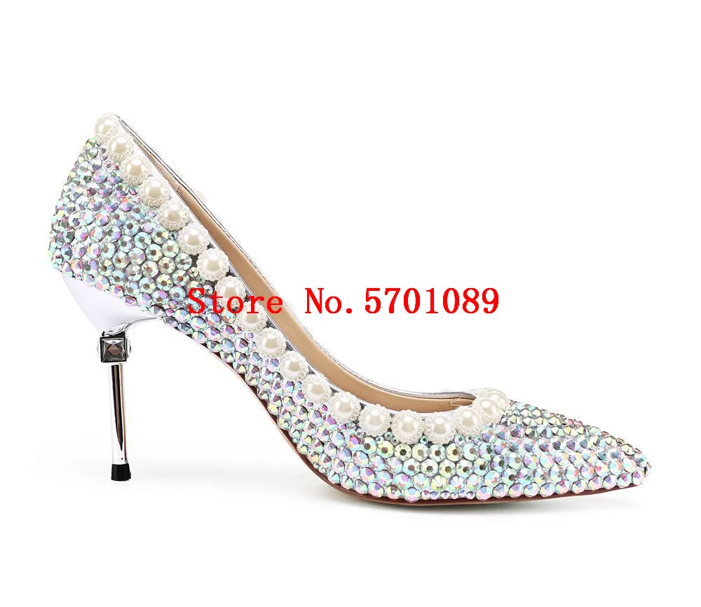 

Multi-colors Rhinestone Wedding Shoes Genuine Leather Luxury 80mm Stiletto Heel Pointed To Pearls Pumps Bride Studs Crystal Shoe