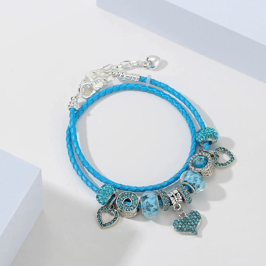 

Seialoy Fashion Summer Ocean Style Cyan Leather Bracelets For Women Men Sea Animals Beads Crown Heart Charm Bracelet Souvenir