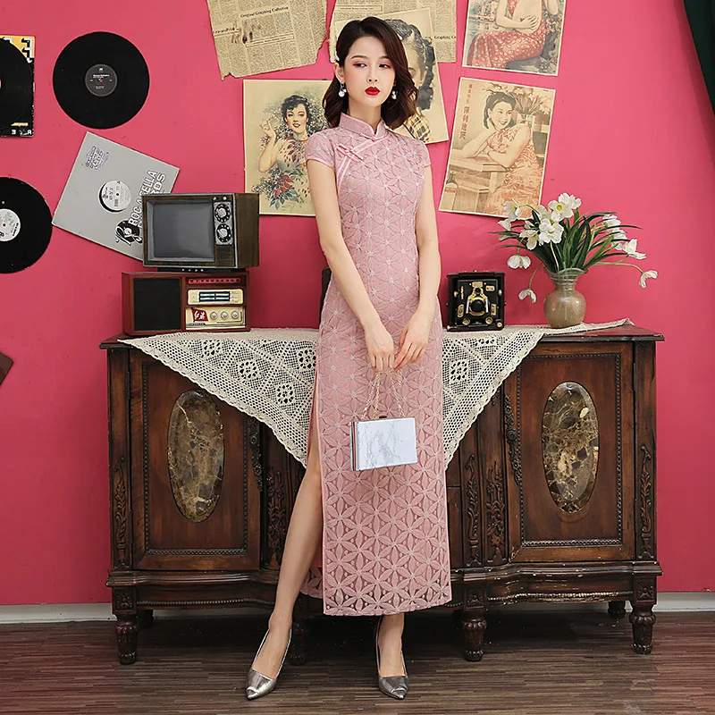 

New Imitation Silk Cheongsam Mulberry Silk Qipao Fashion Banquet Dress Long Style Mother Vertical Stripes Appear Thin Repair