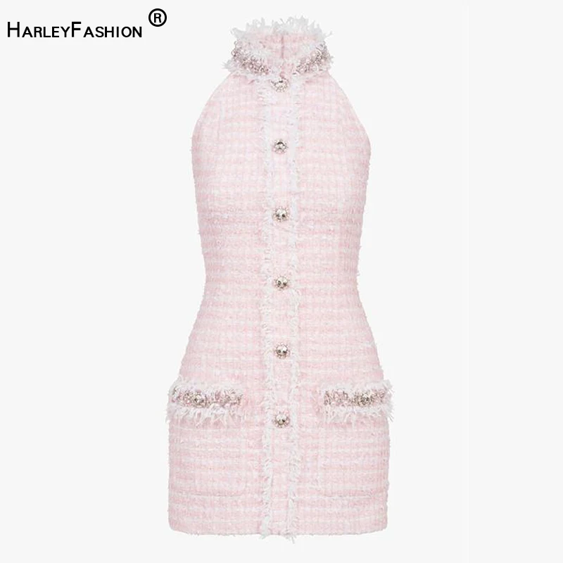 HarleyFashion женские Стразы Розовый Твид платье с открытой спиной кисточками
