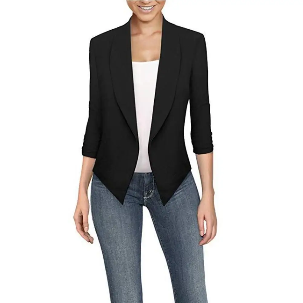 

Women Open Front Solid ColorÂ Long Sleeve Lapel Blazer Irregular Suit Jacket