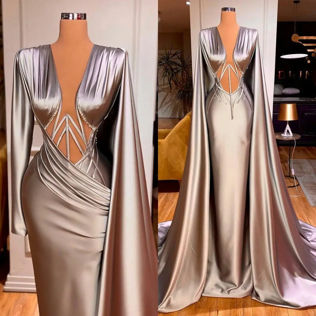 

Gorgeous Silver Evening Gowns Deep V Neck Satin Crystal Mermaid Prom Dress Custom Made Formal Robe De Soirée