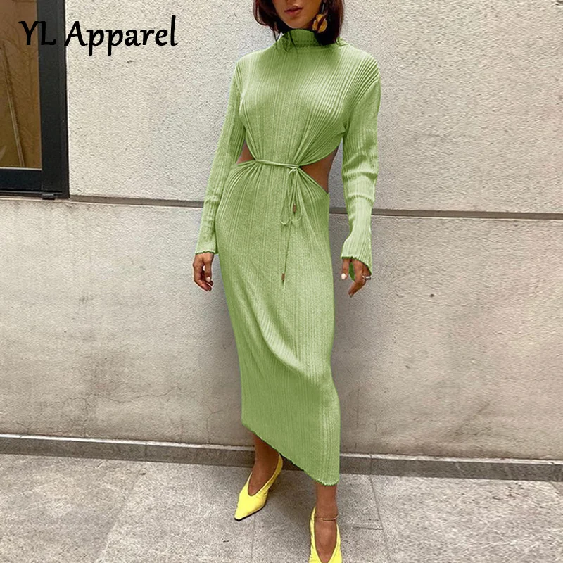 

Fashion Women Hollow Out Tunics Turtleneck Long Sleeve Evening Party Dress Y2K Black White Green Bandage Long Maxi Dress 2022