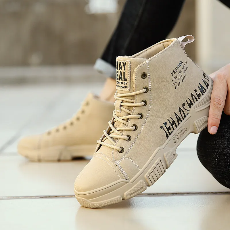

New Autumn Letter Printing Men Casual Boots Black High Quality High Top Men Shoes Soft Microfiber Boots For Men botas de hombre