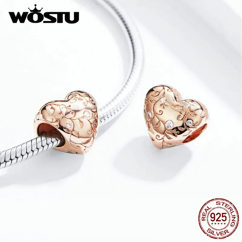 WOSTU 925 пробы Серебряный цветок Ретро узор сердце бусины Розовое Золото Шарм Подходит браслет кулон DIY Ювелирные изделия DXC1323-C
