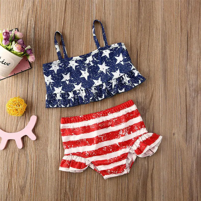 Independence Day Swimwear Toddler Kid Baby Girl Clothes Set Summer Sleeveless 4th July Striped Swimsuit Bathing Suit Clothing | Детская