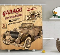 vintage decor shower curtain nostalgic car figure with garage service and repair store phrase dated faded fabric bathroom decor