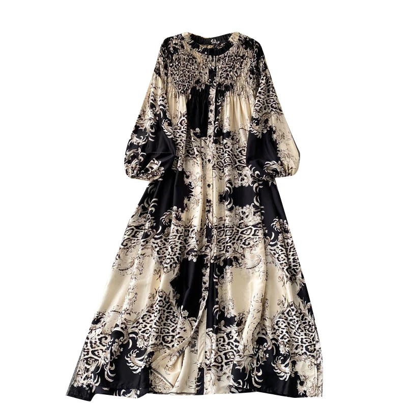

2021 New Autumn European American Vestidos Women's Round Neck Puff Sleeve Printed Holiday Midi Dress DK1334